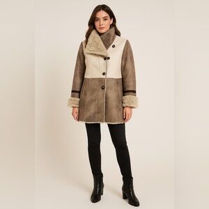 Laundry by Shelli Segal Penny Lane Coat Women L Taupe Ivory Faux Suede/Fur Y2K